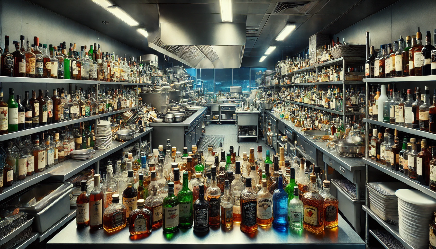 DALL·E-2024-08-26-16.39.18-A-wide-format-photograph-of-a-restaurant-kitchen-cluttered-with-alcohol-bottles-of-various-shapes-and-sizes.-The-kitchen-is-fully-operational-with-i