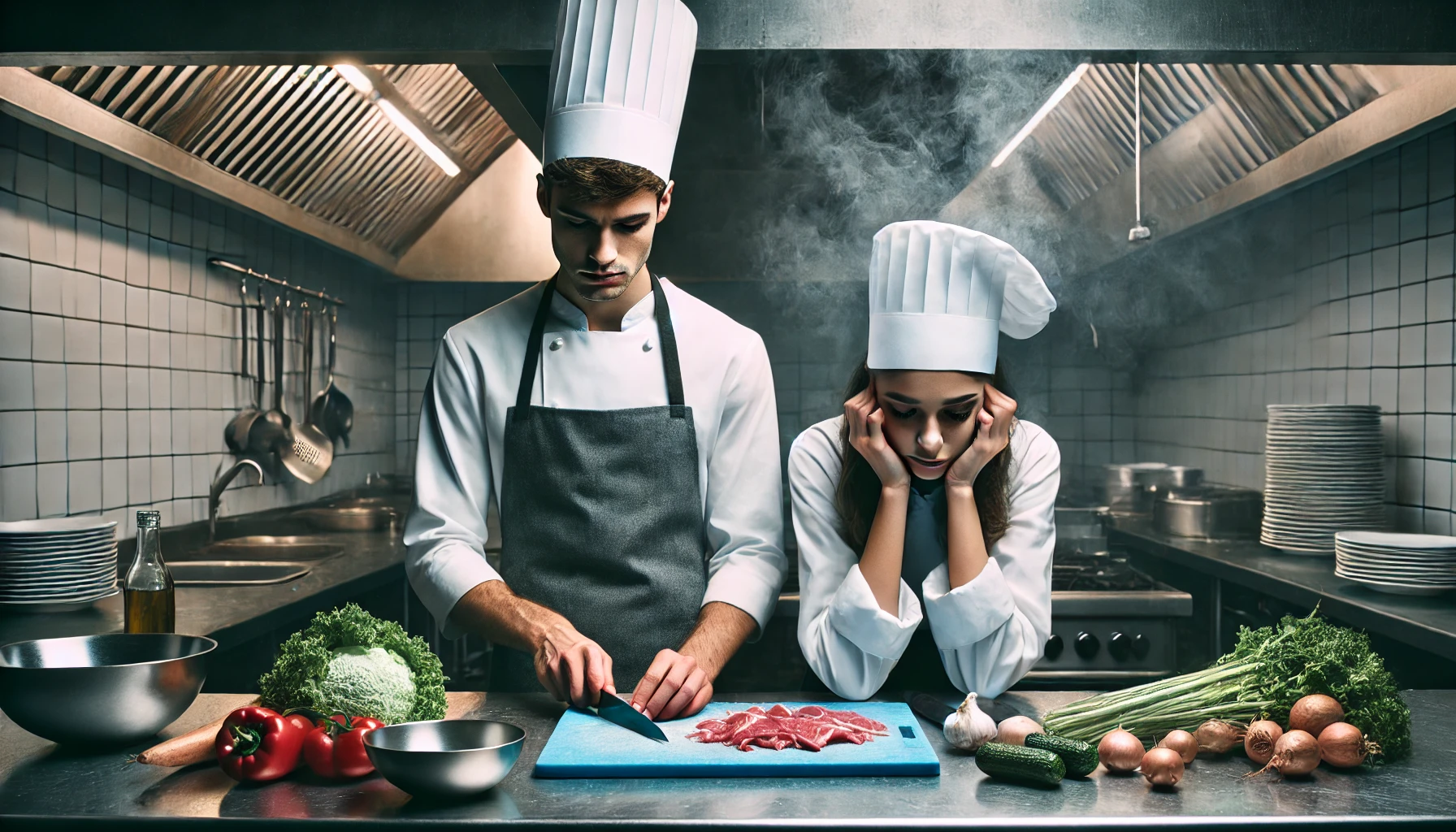 DALL·E-2024-08-28-11.05.17-A-restaurant-kitchen-with-two-young-chefs-one-male-and-one-female-both-wearing-chef-hats.-They-are-cutting-meat-and-vegetables-looking-overwhelmed-