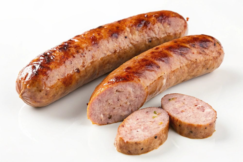 Eine angeschnittene Wurst auf weißem Hintergrund